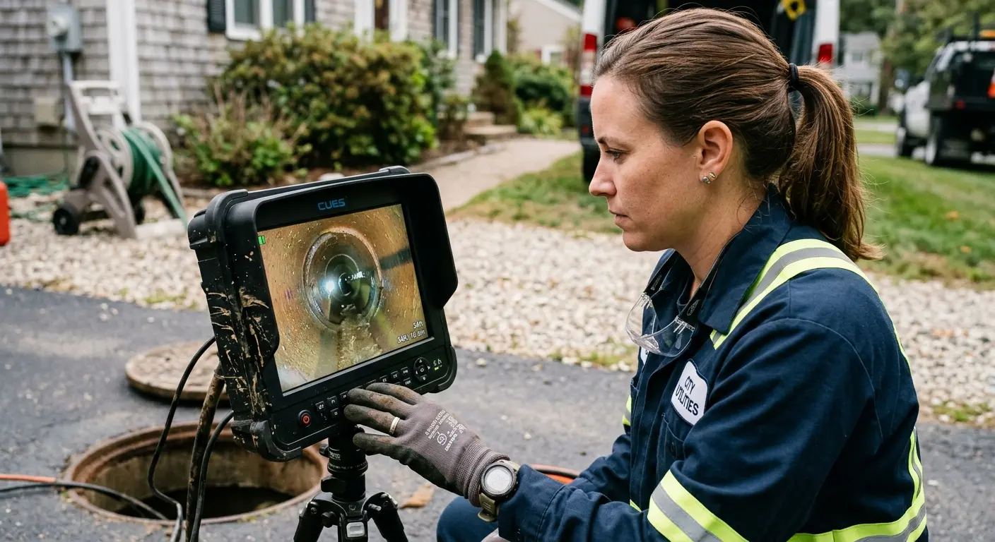 Technician reviewing sewer camera inspection footage in Victorville