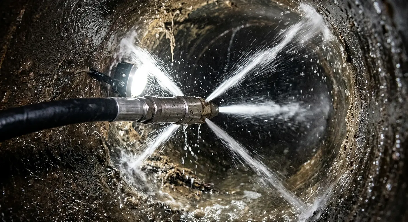 High-pressure hydro jetting nozzle cleaning sewer pipe for Sewer Cleanout in Victorville