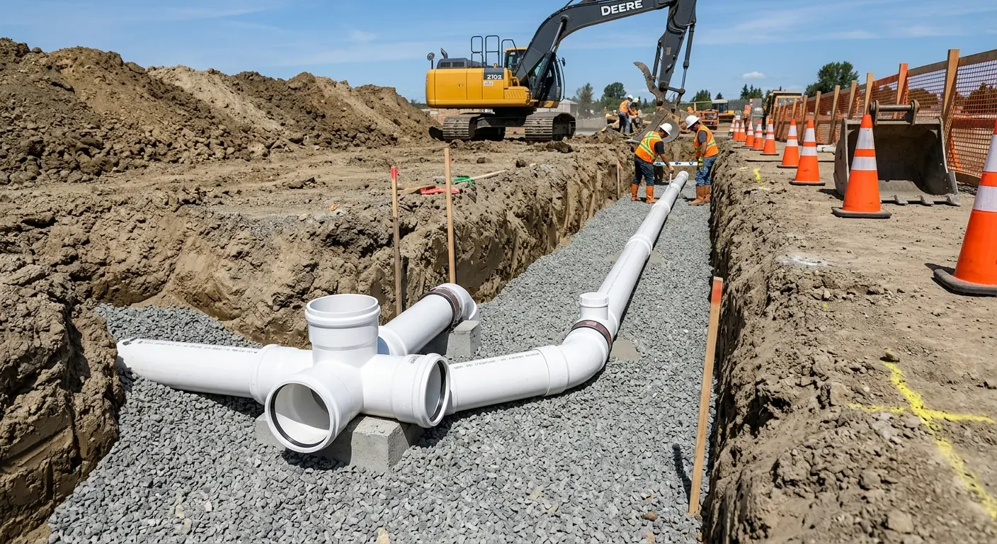 New PVC sewer pipe installation in open trench for Commercial Drain Cleaning in Victorville
