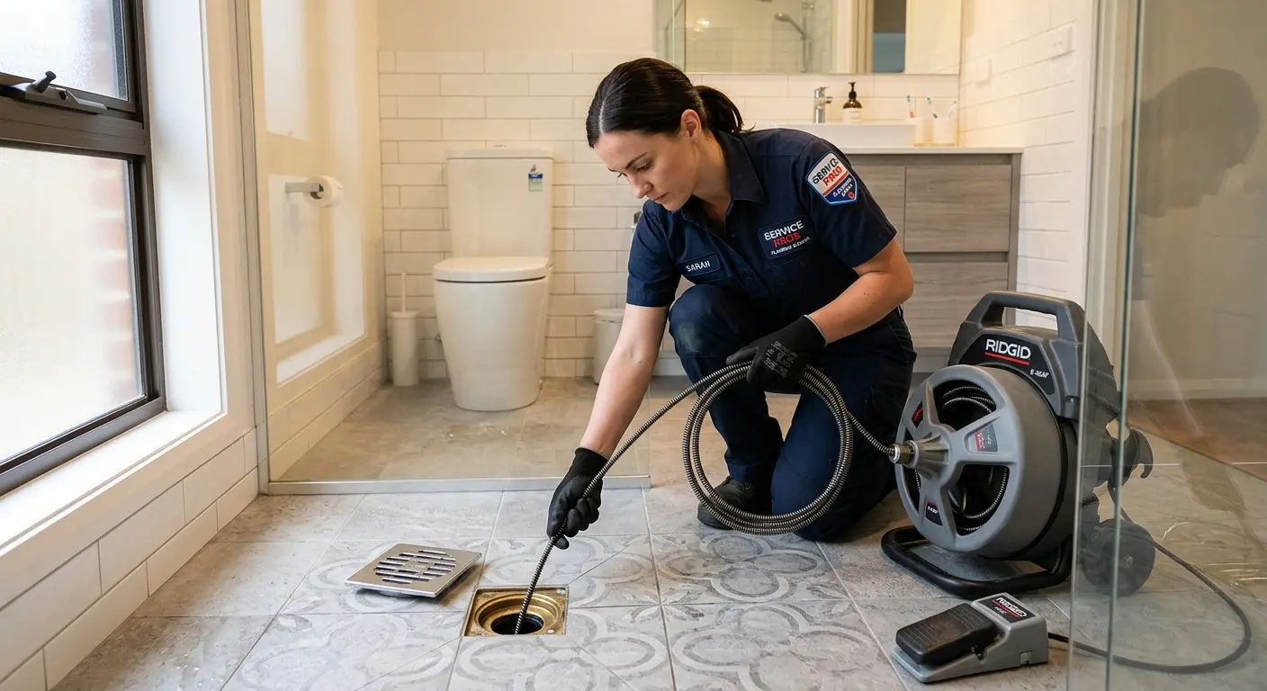 Technician clearing a bathroom floor drain for Sewer Line Replacement in Victorville